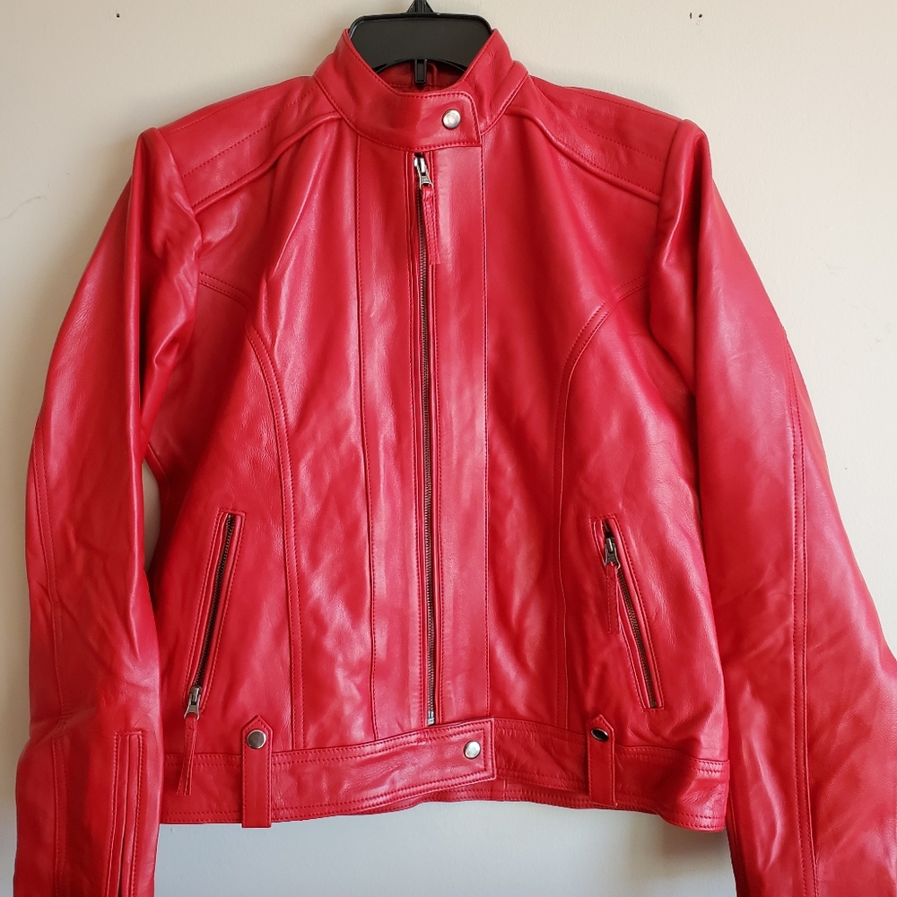 Red Lambskin Bomber Jacket Size XL Runs Small